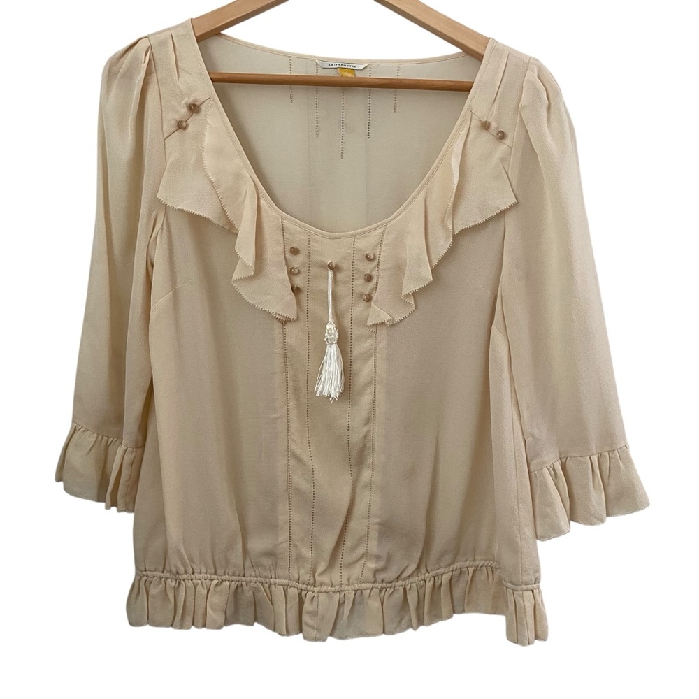 Leifsdottir Anthropologie Silk Elegant Cream 3/4 Sleeve Ruffle Blouse Top 4